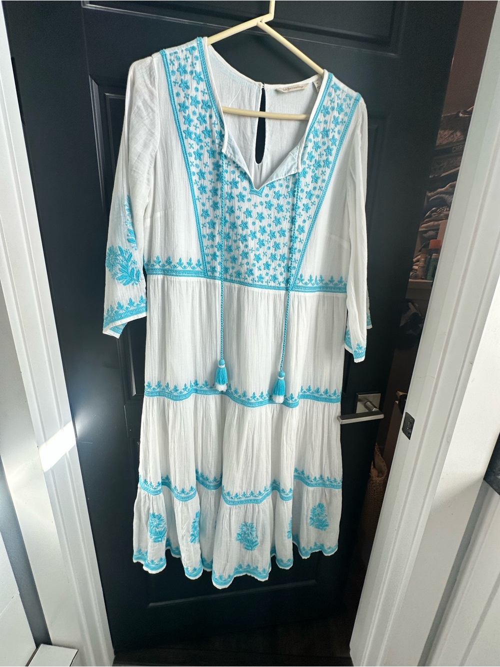Soft Surroundings White Dress with Turquoise Embroidery